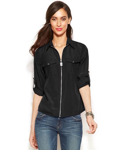 zip front roll sleeve knit blouse michael kors|Michael Kors short sleeve top.